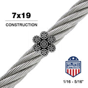 7x19 | 304 Stainless Steel Wire Rope (Aircraft Cable) MIL-DTL 83420 - Each Unit is 50 Foot