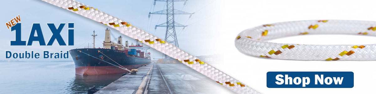 A promotional banner for 1AXi double braid rope, showing a close-up of the white braided rope with yellow reflective stripes on the right, a ship on water in the background, and text reading 'NEW 1AXi Double Braid' and 'Shop Now'.
