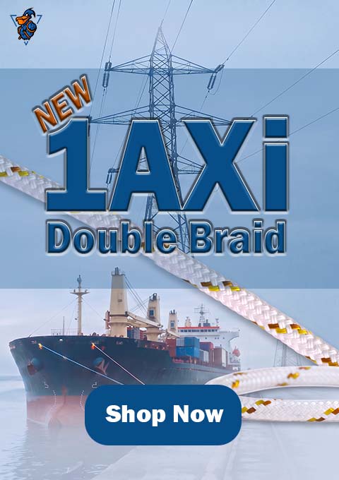 Promotional graphic for 1AXi Double Braid rope, featuring a large blue and white 'NEW 1AXi Double Braid' title over a cargo ship and power line background, with a blue 'Shop Now' button at the bottom.