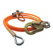 High-visibility 1/2" orange safety lanyard (Better Grab Arborist Flip Line Kit w/ Swivel Eye)  equipped with a heavy-duty snap hook, swivle eye carabiner, and steel thimble eye, designed for fall protection and industrial safety applications. 