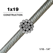 Close-up of 1x19 construction stainless steel wire rope, ideal for marine, architectural, and rigging applications, available in 1/16 to 1/4 inch diameters.