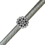 Close-up of 1x19 construction stainless steel wire rope, ideal for marine, architectural, and rigging applications, available in 1/16 to 1/4 inch diameters.