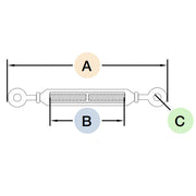 Technical diagram of a 316 stainless steel eye/eye turnbuckle showing measurement points for overall length (A), body length (B), and eye diameter (C), designed for marine and industrial rigging applications.