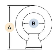 Techical diagram of a 316 stainless steel eye nut with UNC threading, showing measurement specifications for overall height (A) and eye diameter (B), designed for marine-grade rigging, anchor points, and industrial hardware.