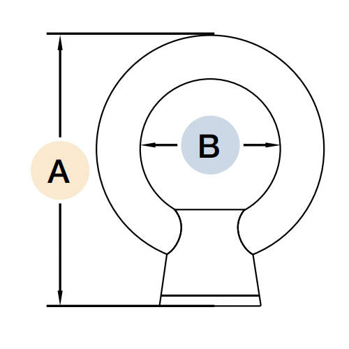 Techical diagram of a 316 stainless steel eye nut with UNC threading, showing measurement specifications for overall height (A) and eye diameter (B), designed for marine-grade rigging, anchor points, and industrial hardware.
