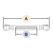 Technical diagram of a DuraBrite 316 stainless steel jaw/jaw turnbuckle, highlighting overall length (A) and body length (B) for precise sizing in marine, coastal, and industrial rigging or cable railing applications.