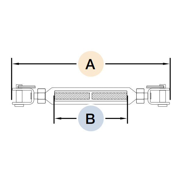 Technical diagram of a DuraBrite 316 stainless steel jaw/jaw turnbuckle, highlighting overall length (A) and body length (B) for precise sizing in marine, coastal, and industrial rigging or cable railing applications.