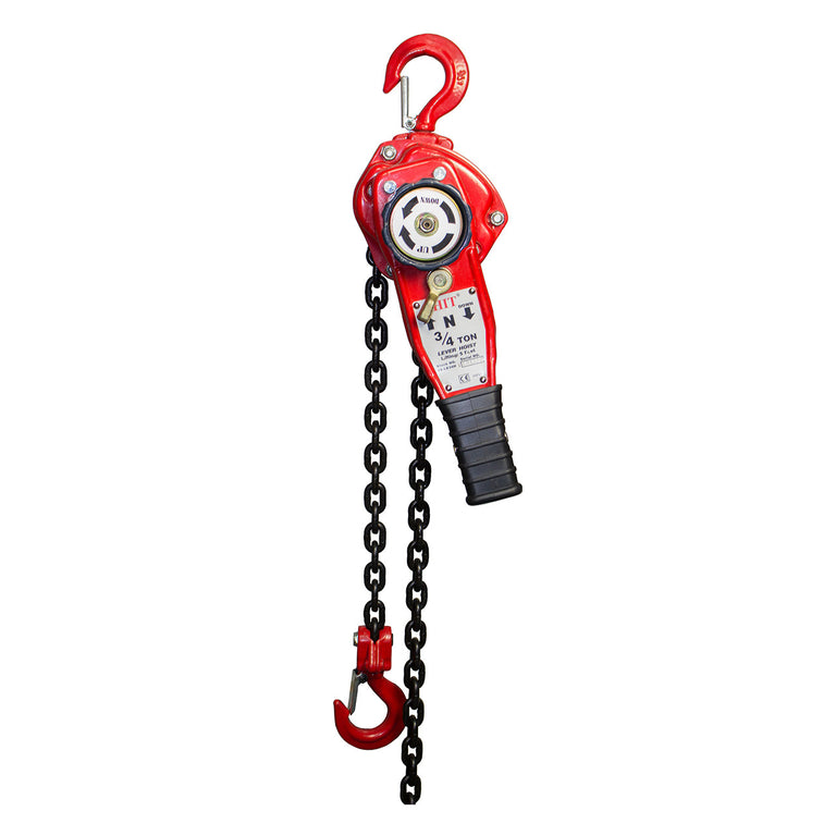 Heavy-duty 3/4 ton lever chain hoist with red steel housing, black handle, and dual safety hooks for industrial lifting, rigging, and material handling.