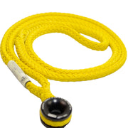 Yellow dog leash with black handle on a white background