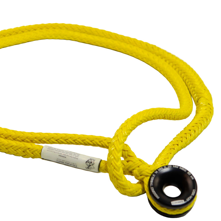 Yellow rope with a black and white tag on a white background