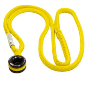 Yellow dog leash with a black handle on a white background