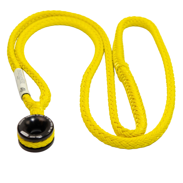 Yellow dog leash with a black handle on a white background