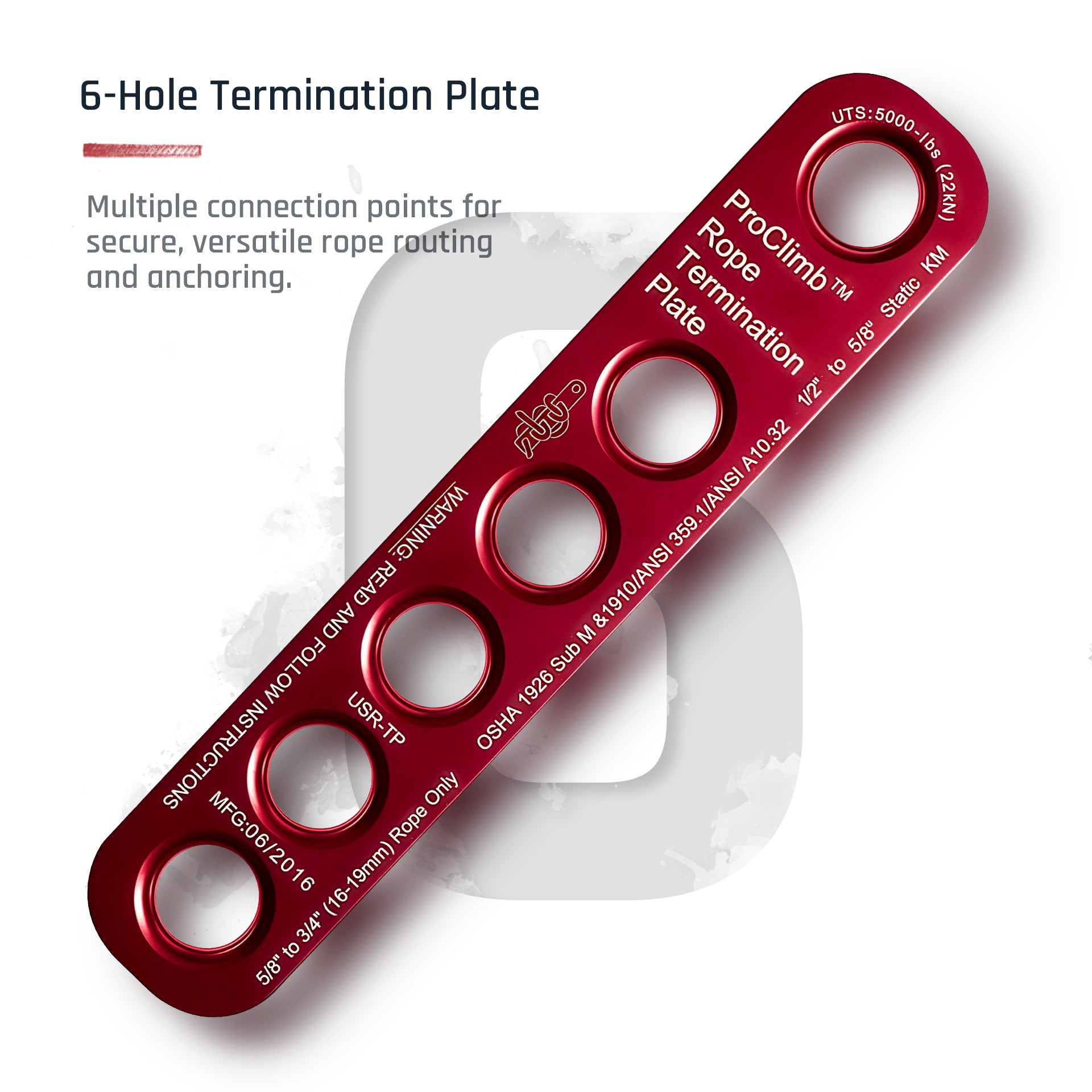ProClimb 22kN Aluminum Rope Termination Plate - ANSI Certified for 16-19mm Fiber Rope