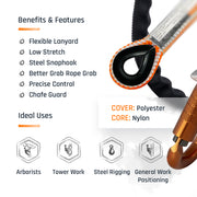ProClimb Arborist Positioning Lanyard by Pelican Rope - 1/2 in x 8, 10 or 12 ft Polyester Rope with Aluminum or Steel Snap Hook and Copper Head Carabiner - Adjustable