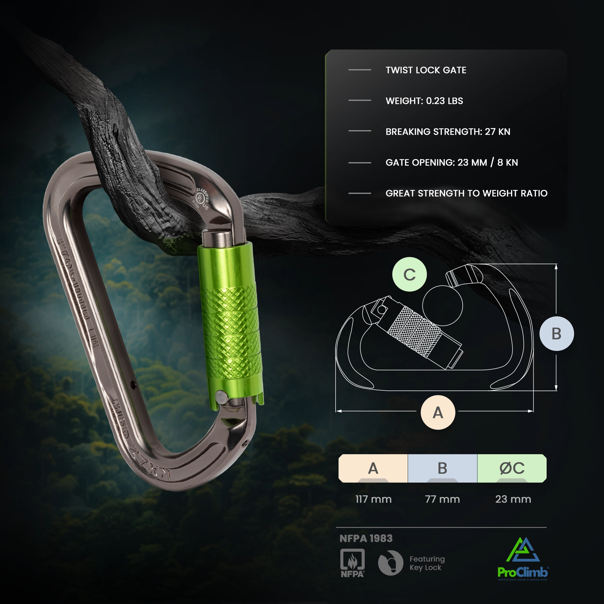 ProClimb I-Beamer Mod D Triple Lock Carabiner - NFPA Certified 27kN Aluminum Climbing Carabiner