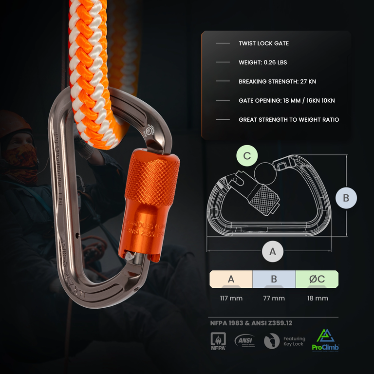 ProClimb I-Beamer Twist Lock Carabiner - 27kN MBS, NFPA Certified, Modified D-Shape