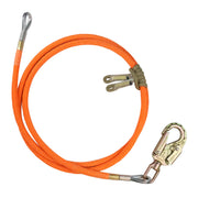 Heavy-duty orange braided positioning lanyard featuring a durable steel snap hook and prusik knot rope adjuster, designed for climbing, arborist, and industrial fall protection applications.