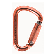 Close-up of a lightweight orange aluminum carabiner with a twist-lock gate, designed for secure attachment in climbing, arborist, or industrial safety applications.