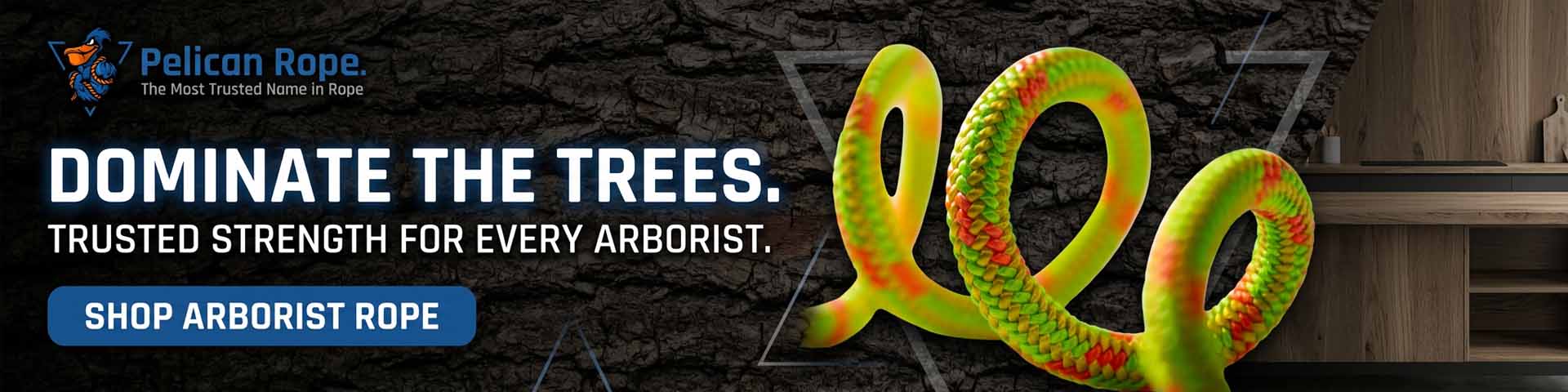 Advertisement for Pelican Rope with bright green and red ropes against a dark background.