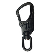 Durable black swivel snap hook made from high-strength aluminum, featuring a double-locking gate for secure attachment in climbing, arborist, and industrial safety applications.