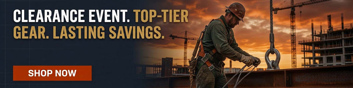 Promotional banner for a construction gear clearance event, featuring a worker in safety gear on a construction site at sunset, with text reading 'CLEARANCE EVENT. TOP-TIER GEAR.