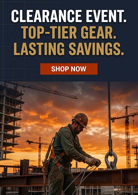 Promotional banner for a construction gear clearance event, featuring a worker in safety gear on a building site at sunset, with text reading 'CLEARANCE EVENT. TOP-TIER GEAR.