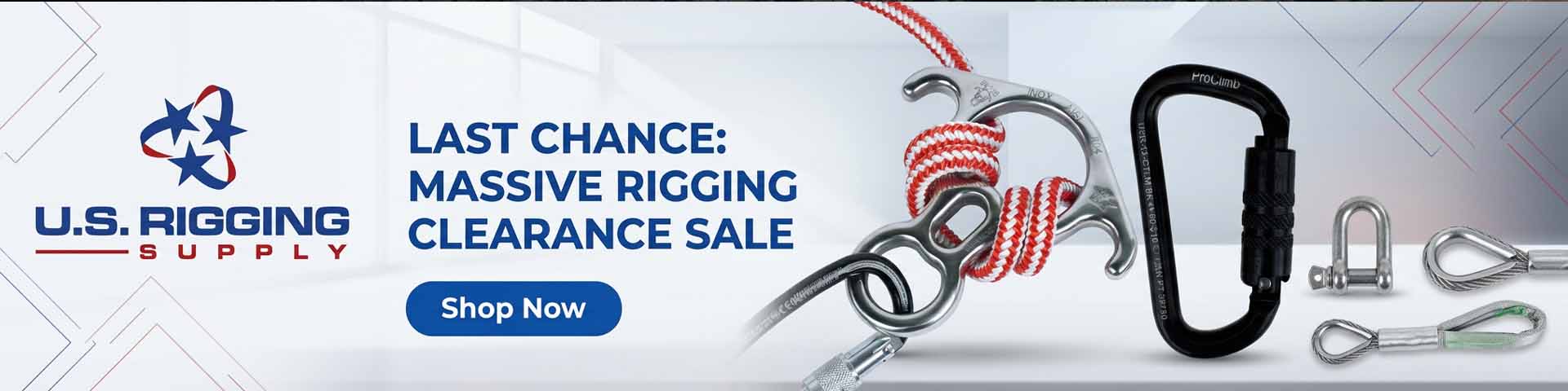 U.S. Rigging Supply clearance sale banner with rigging equipment on a white background