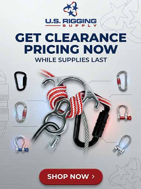U.S. Rigging Supply advertisement with rigging equipment and clearance pricing text.