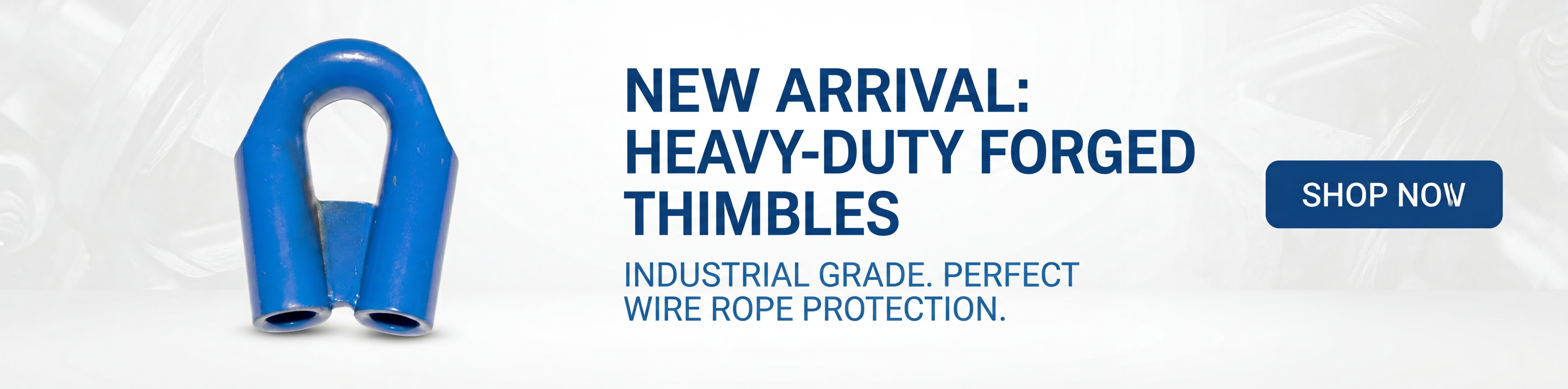 Blue heavy-duty forged thimble with promotional text on a white background