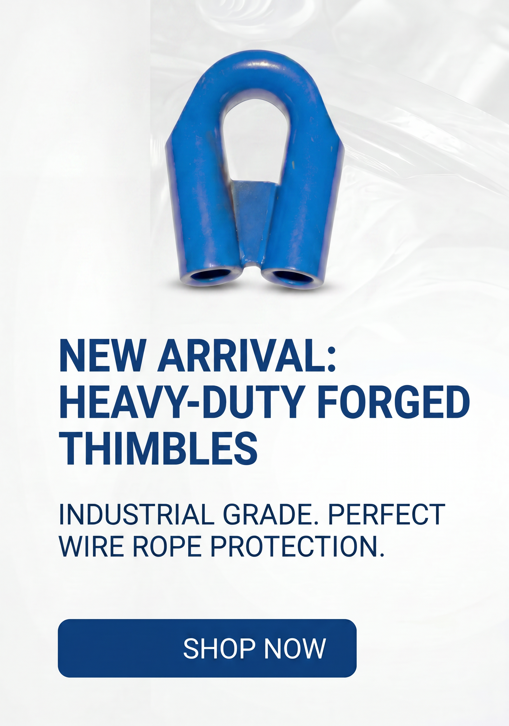 Blue heavy-duty forged thimble on a white background with promotional text.
