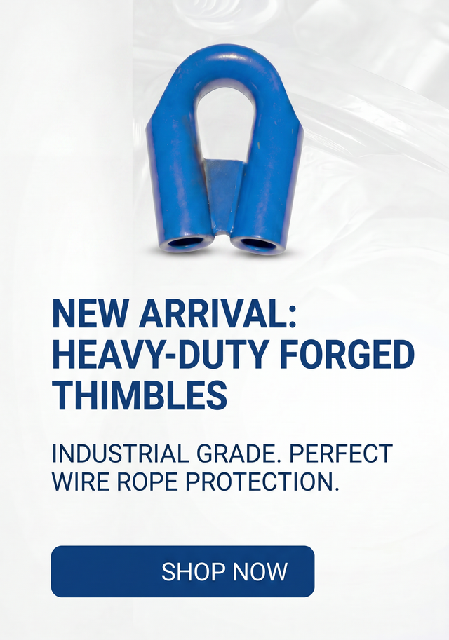 Blue heavy-duty forged thimble on a white background with promotional text.