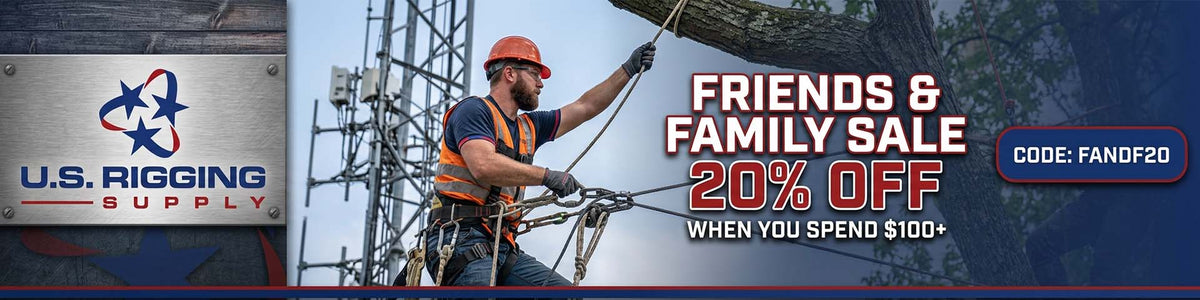 Banner displays man rigging off tree with a focus on the friends and family sale. Receive 20% off when you spend $100