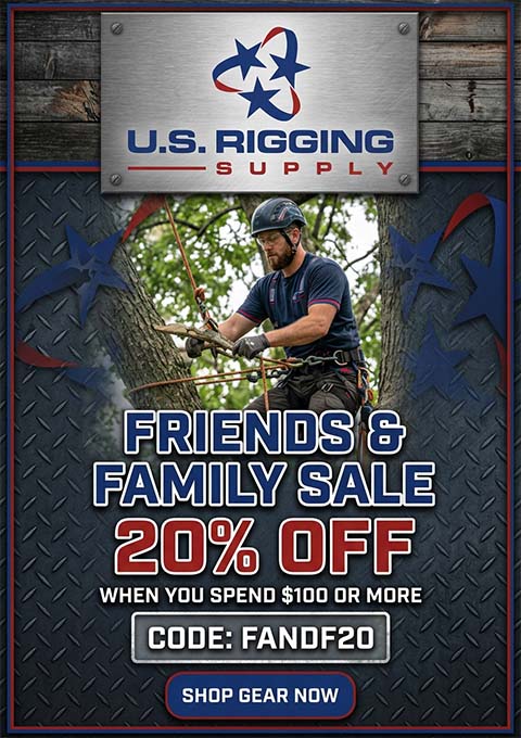 Promotional banner for U.S. rigging. Friends and family 20% off when you spend $100