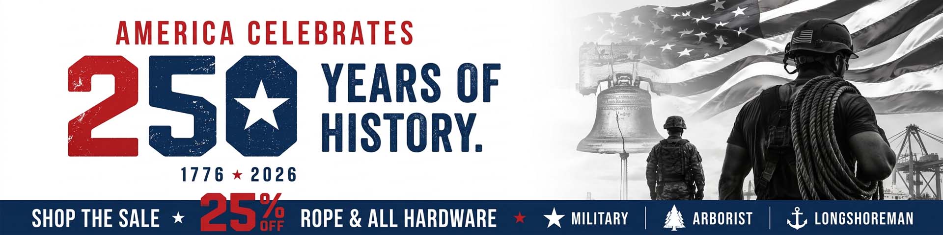 Fourth of July Rigging Sale Banner with an image of a longshoreman, a serviceman and the liberty bell. 