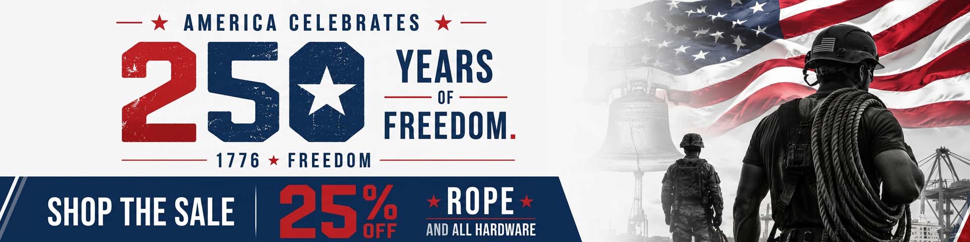 Fourth of July 25% Sale displaying a shoreman, military serviceman and an American Flag.