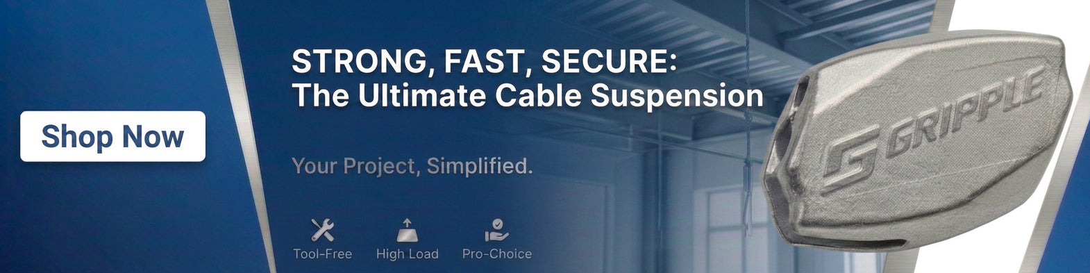Promotional banner for Gripple cable suspension hardware, featuring a close-up of a silver metal bracket on the right and marketing text on a blue background with a 'Shop Now' button.
