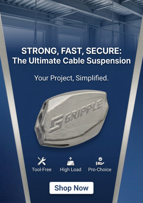 Promotional graphic for a GRIPPLE cable suspension component, showing a silver metallic product on a dark blue background with text reading 'STRONG, FAST, SECURE: The Ultimate Cable Suspension' and a 'Shop Now' button.