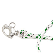 Hand-spliced 3/8" double-braid Dacron spinnaker halyard with green tracer and 1-5/16" stainless steel swivel shackle, 90 feet long, designed for reliable performance on cruising and racing sailboats.