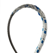 Premium hand-spliced wire-to-rope halyard with blue tracer featuring a seamless blend of 7x19 stainless steel cable and low-stretch Dacron yacht braid. Equipped with a stainless steel thimble and compression sleeve, this halyard is perfect for marine applications requiring strength and flexibility.