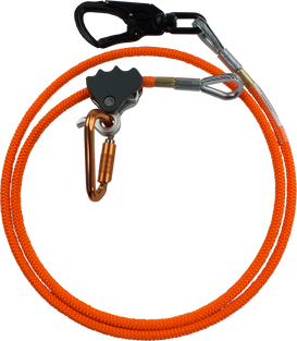 Bright orange heavy-duty safety lanyard featuring a durable braided rope, swivel eye, secure carabiner clips, and a removable rope grab for climbing, arborist, or construction use. (Arborist Flip Line Kit)