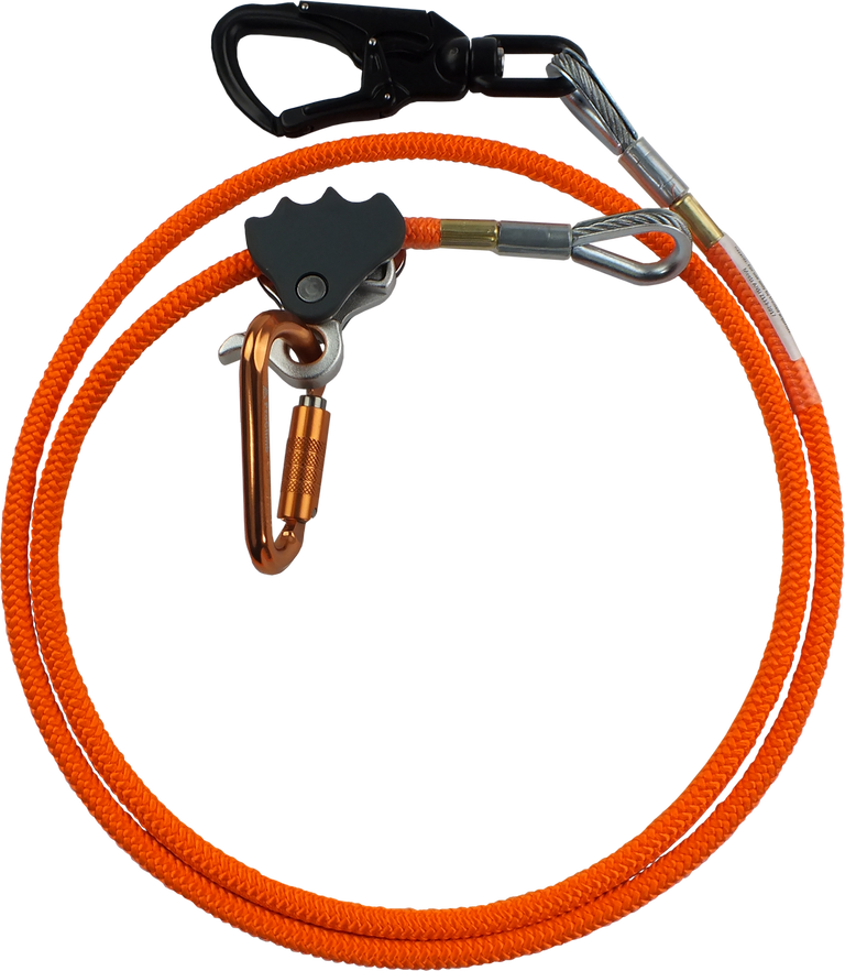 Bright orange heavy-duty safety lanyard featuring a durable braided rope, swivel eye, secure carabiner clips, and a removable rope grab for climbing, arborist, or construction use. (Arborist Flip Line Kit)