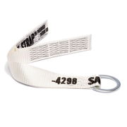 White nylon anchor strap with reinforced stitching and metal D-ring, used for fall protection, safety harness anchorage, and industrial tie-off applications.