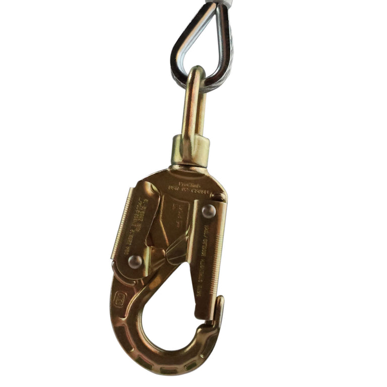 Heavy-duty steel safety snap hook with double locking mechanism for fall protection, industrial climbing, and construction harnesses.