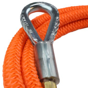 Heavy-duty Thimble Eye with orange braided safety lanyard designed for climbing, arborist, and industrial fall protection applications.