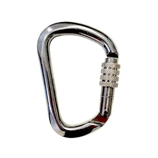 A silver metal carabiner with a textured knurled latch, isolated on a white background.