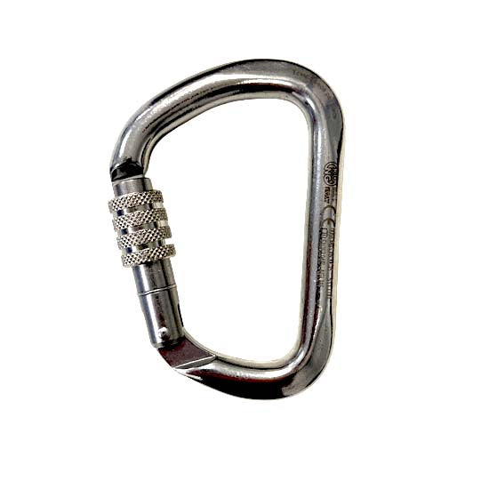 A silver metal carabiner with a textured knurled latch and a D-shaped loop, shown on a plain white background.