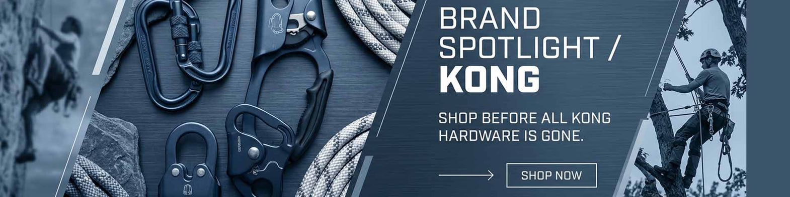 KONG brand banner with carabiners and an arborist scaling a tree