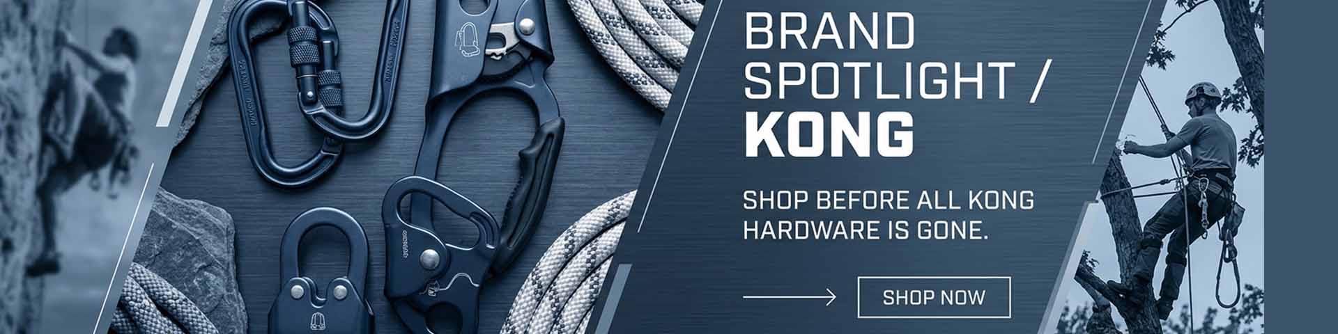 KONG brand banner with carabiners and an arborist scaling a tree