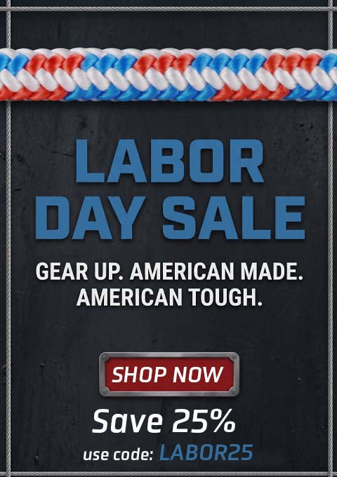 Labor Day Sale promotional graphic with a red, white, and blue braided rope across the top, large blue text reading 'LABOR DAY SALE,' smaller white text, a red 'SHOP NOW' button, and 'Save 25% use code: LABOR25' on a dark textured background.