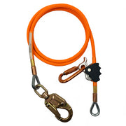 Orange Safety rope with metal carabiner, hook and thimble eyes on a white background